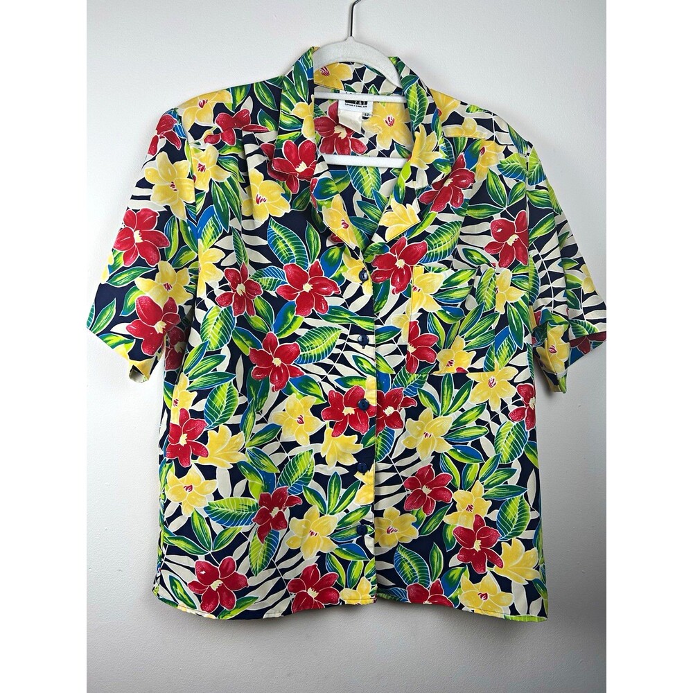 Vintage 80s LESLIE FAY Sportswear Tropical Hibiscus Floral Islandcore Shirt 12